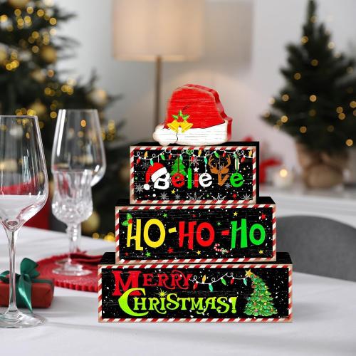 Britimes 4 Pcs Christmas Santa Hat Table Decor Christmas Tiered Tray Decorations Set Santa Hat Block Signs Gift Rustic Farmhouse Tabletop Decor for Table & Home Office