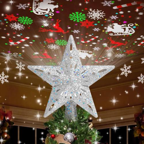 Kesfitt Christmas Tree Topper Sliver Lighted with 6 Projection Modes,Christmas Star Tree Topper Built-in LED Rotating Lights, 3D Glitter Dynamic Projection for Xmas Party Holiday Decorations
