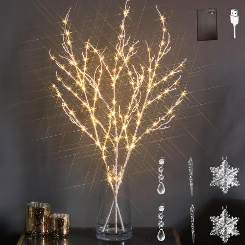 LITBLOOM Lighted Willow Branches Iredescent Glittered 32IN 120 LED with Timer Battery Operated and USB Plug in, Tree Branch with Fairy Lights for Home Room Christmas Decoration