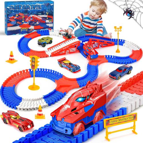 Spider Toys for Boys 3-4: 251 PCS Spider Race Track with 5 Alloy Cars Toys for 3 4 5 6 Year Old Boys Car Tracks for Kids Toddler Boy Age 3-5 4-6 6-8 Christmas Birthday Gifts