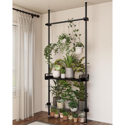 Bamworld Tension Rod Plant Stand Adjustable Hanging Plant Shelf Indoor Tall Plant Pole Stand Floor to Ceiling Pole for Living Room Bedroom Flower Holder For Multiple Plant Pots Display Black