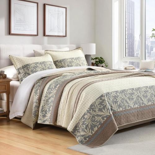 100% Cotton Quilt Set Queen Size - Striped Quilted Comforter, Patchwork Botanical Queen Quilt Bedspread, Modern Farmhouse Lightweight Bedding for Queen Bed, 3pcs, Brown/Beige/Gray