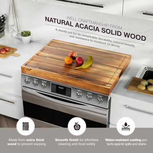 BLUEWEST Noodle Board Stove Cover with Handles, 3 in 1 Wood Stove Top Covers Board for Gas Burners and Electric Stove, Wooden RV Stovetop Cover, Tray for Kitchen Counter Space (Warm Acacia)