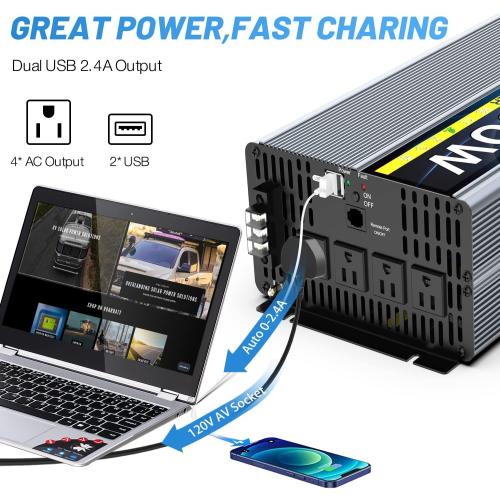 12V 4000W Pure Sine Wave Inverter 12V DC to 110V/120V AC Converter with 4AC Outlets, 5V/3.4A USB, Remote Control with on-Screen Display, Off-Grid Solar Power Inverter for Truck, Home, Vehicles, RV