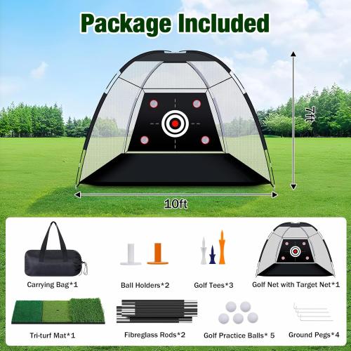 MoKo Golf Net with Practice Mat, 10 x 7 ft Golf Hitting Net for Outdoor Indoor Backyard Driving Chipping Swing Training, All-in-One Multi-Target Training Aid Practice Nets with Tri-Turf Mat & Balls