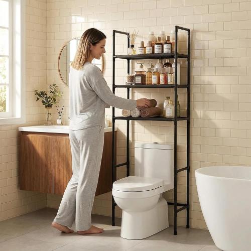 Renyqatt Over the Toilet Storage, 3-Tier Bathroom Organizer, Freestanding Above Toilet Shelf with Adjustable Feet, Space Saving, Easy Assembly, Carbon Steel Shelf, 61 H, Black