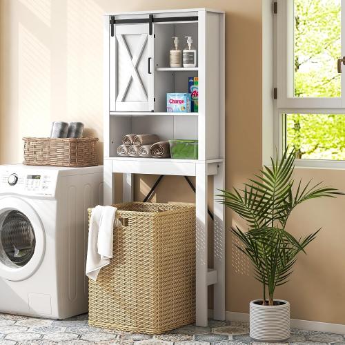 3-Tier Over The Toilet Storage Cabinet, Freestanding Bathroom Organizer Shelf with 3-Position Adjustable Shelves, Above Toilet Organizer with Sliding Barn Door, Space Saver, White