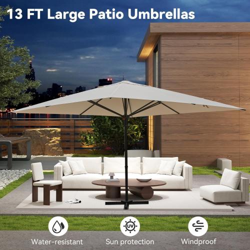 EROMMY Large Patio Umbrellas with Base, 13' x 13' Aluminum Outdoor Umbrella, Rectangle Patio Umbrella for Pool, Garden and Deck, Beige