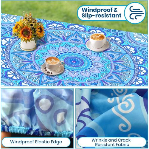 Blue Velway Picnic Table & Bench Covers: 6 FT Water-Resistant Windproof Elastic Fitted Tablecloth   Storage Bag - 3-Piece Set Camping Table   Seat Covers (72x30 Inches)