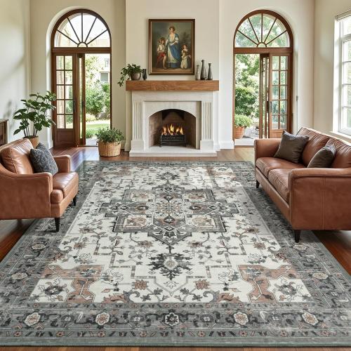 8x10 Area Rugs for Living Room, Machine Washable Non Slip Carpet, Large Vintage Floral Aesthetic Rug, Bedroom Decor, Taupe, Brown/Beige/Cream