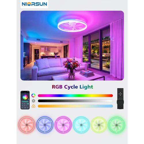 RGB Ceiling Fan with Light and Remote,24 Fandelier Smart Ceiling Fan,White | Low Profile Ceiling Fan with Light, Dimmable Flush Mount Ceiling Fan, Modern Bladeless Ceiling Fan, 6 Speeds Ceiling Fan RGB