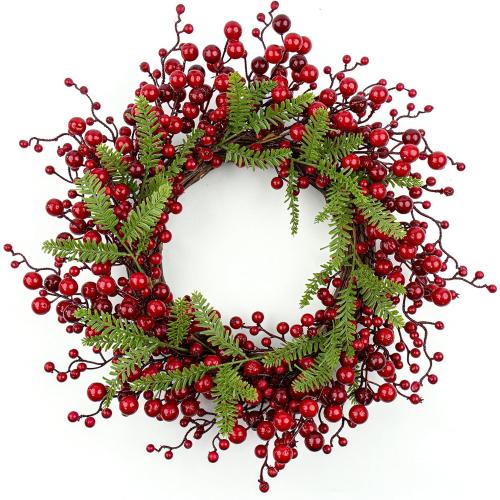 J'FLORU Artificial Christmas Wreath 20 Inch Chirstmas Wreaths for Front Door Red Berry Wreath with Pine Needles for Porch Fireplace Xmas Winter Holidays