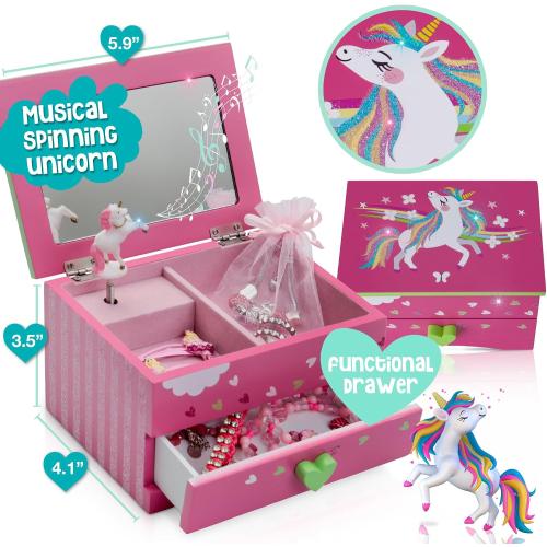 Pink Amitié Lane Unicorn Musical Jewelry Box for Girls - Unicorns Gifts For Girls - Music Box For 5 Year Old Birthday Gifts or Ages 6, 7, 8, Kids Jewelry Box, Unicorn Bedroom Decor For Little Girl (Pink)