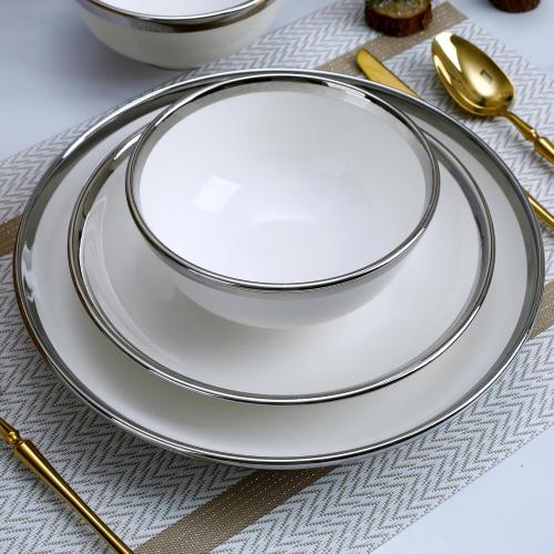 12-Piece Porcelain Dinnerware Set with Silver Rim- Durable Porcelain Plates & Bowls, Complete Service for 4