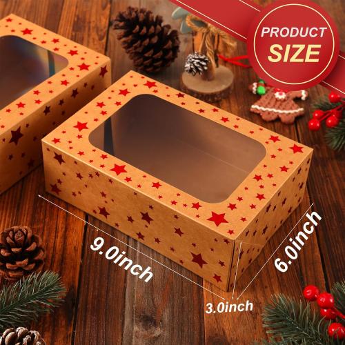 24 Pack Brown Cookie Boxes, 9x6x3Inch Red Star Baking Boxes for Gift Giving,Kraft Boxes with Window,Holiday Treat Boxes for Pastry,Cookie Tin Containers Box for Baked Goods Packaging