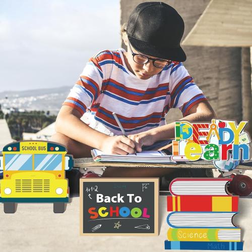 Set of 4 Pieces Back to School Wooden Table Centerpiece Decor Ready to Learn Woodentable Toppers Welcome Back to School Party Decoration for School Classroom Home Teacher Party Decorations