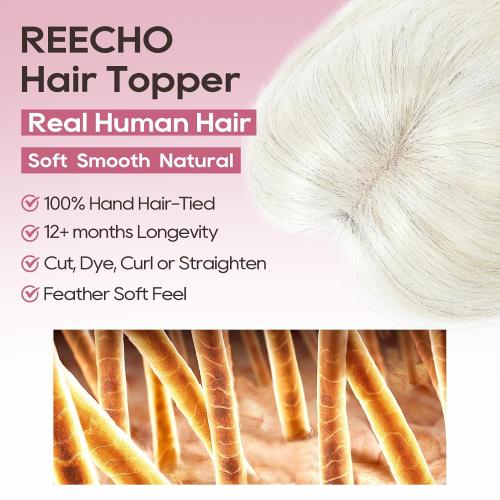 Color White REECHO Real Human Hair Topper, 10 inch Women Hair Toppers for Thinning Hair, 100 Percent Human Hair Large Coverage Natural Hairpiece Wiglet, Swiss Base 4.5x3.5, Yellow White