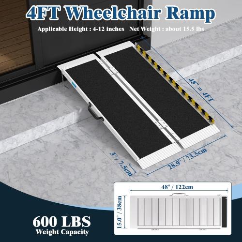 Portable Wheelchair Ramp 4FT, Non-Slip Aluminum Folding Handicap Ramp for Home Steps, 600LBS Capacity Threshold Ramp for Doorways, Stairs, Scooters
