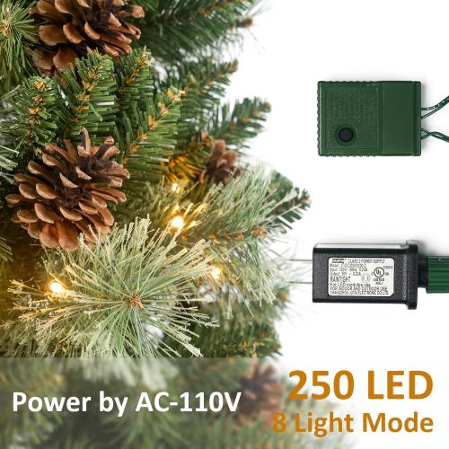 Size 6.5 Ft Prelit Christmas Tree, Artificial Pencil Christmas Tree with 250 LED Lights, Pine Needles and Pine Cones Xmas Decoration for Home