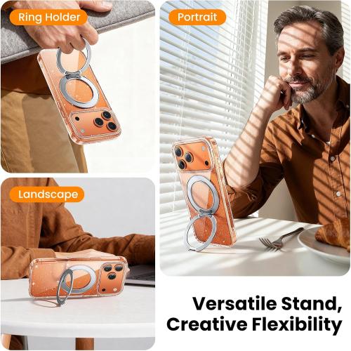 360°Ring Stand for iPhone 17 Pro Max Case，Anti-Yellowing，Clear Glitter | Includes Screen and Camera Lens Protectors*1，Fit for MagSafe, Scratch-Resistant Back Phone Case for iPhone 17 Pro Max 6.9