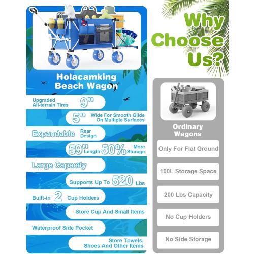 59L Beach Wagon with 9×4 Big Sand Wheels, Expandable Tailgate | Heavy Duty Collapsible Utility Cart with 9 All-Terrain Non-inflatable Balloon Wheels for Beach Camping Baseball Fishing