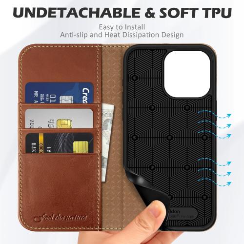 SHIELDON Case for iPhone 15 Pro Max 6.7, Genuine Leather Wallet Flip Magnetic Cover RFID Blocking Credit Card Holder Kickstand TPU Shockproof Case Compatible with iPhone 15 Pro Max 5G - Retro Brown