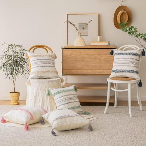 BUIOVBEY Boho Throw Pillow Covers Woven Tufted Pillow Cases with Tassels