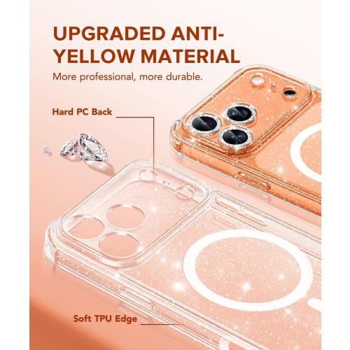 BERFY for iPhone 17 Pro Max Case for Women, Compatible with MagSafe, Clear Glitter Shockproof Protective Case, Anti-Yellowing, with Screen Protector & 3 Diamond Camera Lens Covers 6.9, Sparkle Clear