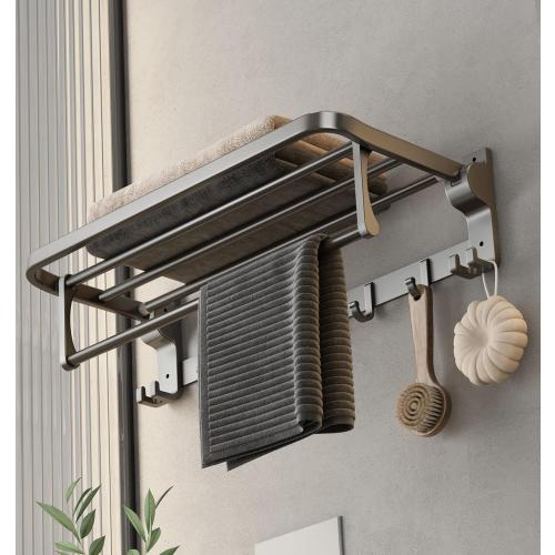 Bathroom Towel Rack with Towel Bar and Hooks 23.6 in Foldable Towel Shelf Wall Mounted Lavatory Towel Organizer Modern Gray Finish