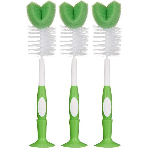 Amazon Brand - Mama Bear Baby Bottle Brush with Nipple Cleaner and Suction Cup Stand, White (Pack of 3)