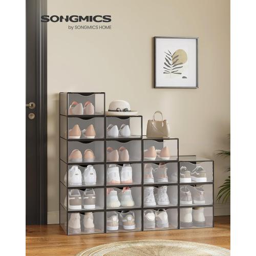 SONGMICS Shoe Boxes, Shoe Storage Organizers Rack for Closet, Plastic Stackable Sneaker Containers Case, 18 Pack, Transparent and Ink Black ULSP318B01