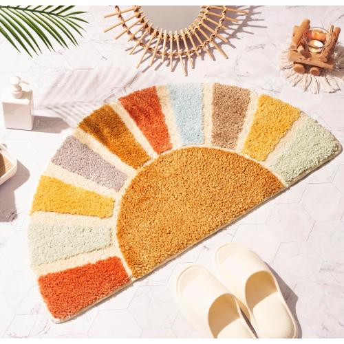 Large 37 x 20 Sunrise Boho Bathroom Rugs,Half Circle Bath Mat Cute,Sun Bath Mats,Retro Bohemian Half Round Home Bathroom Decor,Small Colorful Fun Semi Round Shower Rug Non-Slip