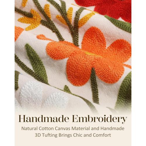 Embroidered Throw Pillow Cover 18x18 Inch - Spring Summer Boho Decorative Pillow Cover with Zipper for Living Room Couch Sofa Bed Aesthetic Design Flower Cluster Cushion Pillowcase