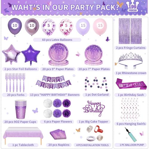 Party Spot! 199 Pcs Purple Birthday Party Decorations For Women，Happy Birthday Party Decorations For Girls, 100 Pcs Paper Plates,Napkins and Forks for 20 Guests,Bday Sash and Crown,20 Tableware Sets
