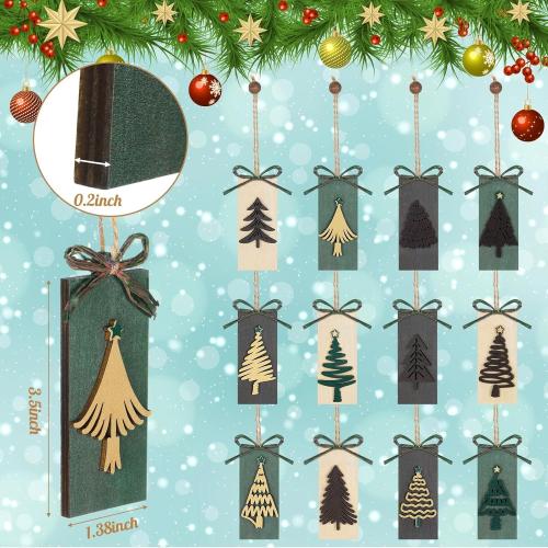 Civaner 24 Pcs Rustic Christmas Tree Ornaments Farmhouse Ornaments for Tree Natural Wooden Label Hanging Decorations for Home Office Fireplace Wreath Garland Winter Holiday Xmas Party Decor (Green)