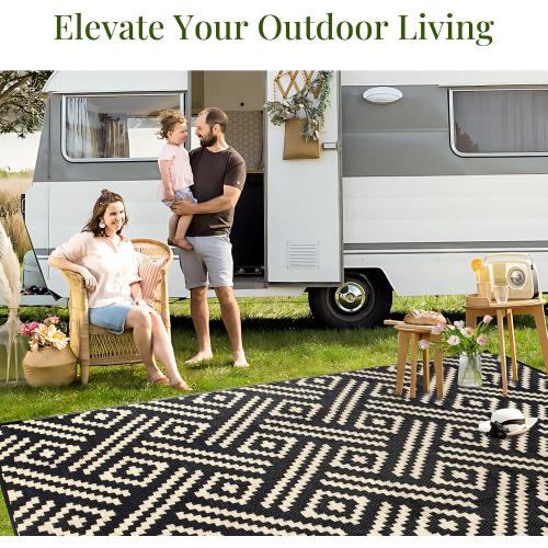 OPPODREAM Outdoor Rug 5x7, Plastic Straw Rug for Patio, Beige & Black | Reversible Checkered, Waterproof Carpet for Balcony, Porch, Backyard, Deck, Camping, RV