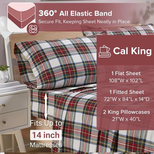 Comfort Spaces Cotton Flannel Sheets Cal King Size, Ultra Soft Flannel Sheet Set with 14 Elastic Pocket Fits up to 16 Mattress, Plain Print Warm Flannel Bedding, Scottish Plaid Red 4 Piece