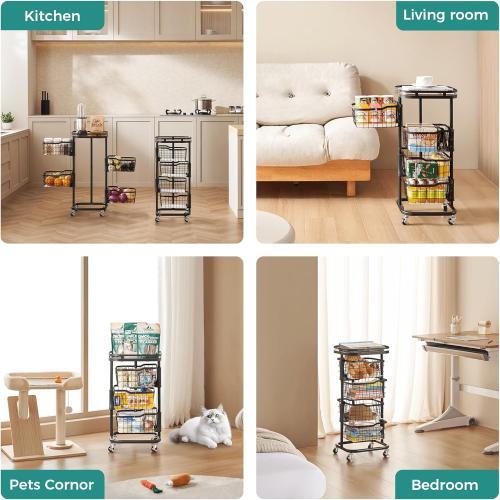 4 Tier Kitchen Fruit Vegetable Storage Cart with One-Piece Rotating Basket, Pantry Organizer Shelf Rack Floor Stand for Veggie Onion Potato Produce Spice, Rolling Snack Cart on Wheels, Black