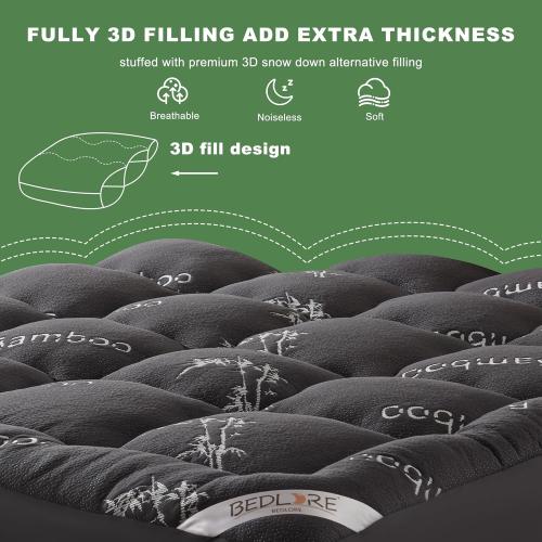 Dark Grey BEDLORE Mattress Topper Viscose Derived from Bamboo, Thick Pillow Top Mattress Pad with Stretchable Pockets for 6-18 inches Mattress, Soft Mattress Topper for Back Pain Relief