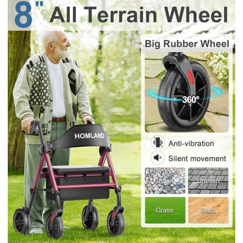 HOMLAND Walkers for Seniors with Seat, Foldable Rollator Walker, Reinforced Aluminum Frame, 8 Big Rubber Wheels for All Terrain, Height Adjustable Lightweight Rolling Walker
