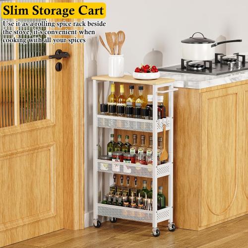 Utility Slim Storage Cart, 4 Tier Small Rolling Kitchen Laundry Room Cart with Wood Top, Metal Narrow Bathroom Storage Cabinet Mobile Shelf Unit Organizer Trolley with Handle for Narrow Space
