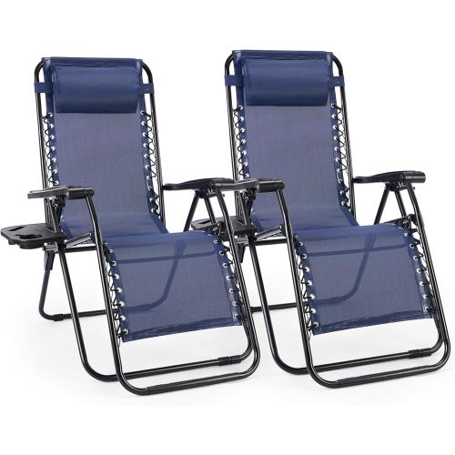 Sweetcrispy Zero Gravity Chairs, Set of 2 Portable Recliner Beach Camping Patio Outdoor Folding Lounge Chair with Cup Holder Trays and Adjustable Pillow for Poolside, Garden, Backyard, Lawn (Blue)