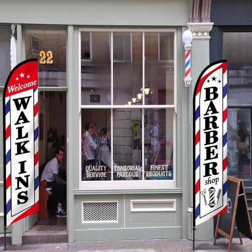 2 Pcs Barber Flag for Outside Barbershop Themed Swooper Flag Open Feather Barber Sign Welcome Banner for Salon Business Outdoor Advertising Outside(NOT INCLUDE POLE KIT)(8.2×2.1 ft)