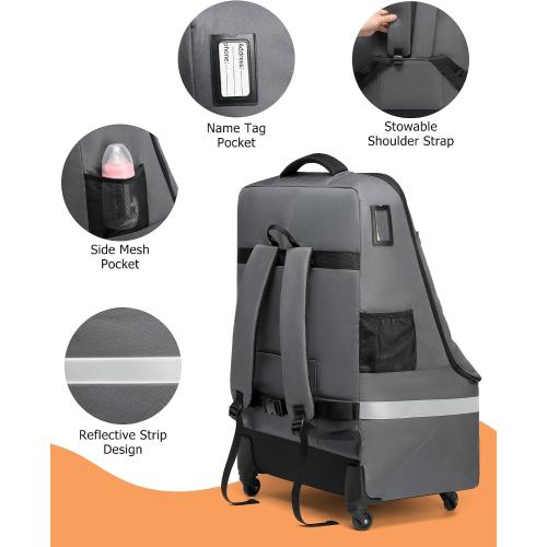 MCBD Car Seat Travel Bag for Airplane, Foldable Baby Carseat Backpack for Travel Padded Carseat Carrier for Airport Gate Check, Infant Stroller Cover with Reflective Strips