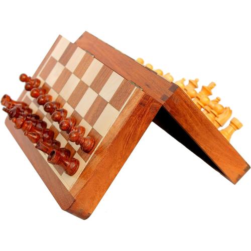 StonKraft Wooden Foldable Travel Chess Game Board with Storage Slots, 14 Inch