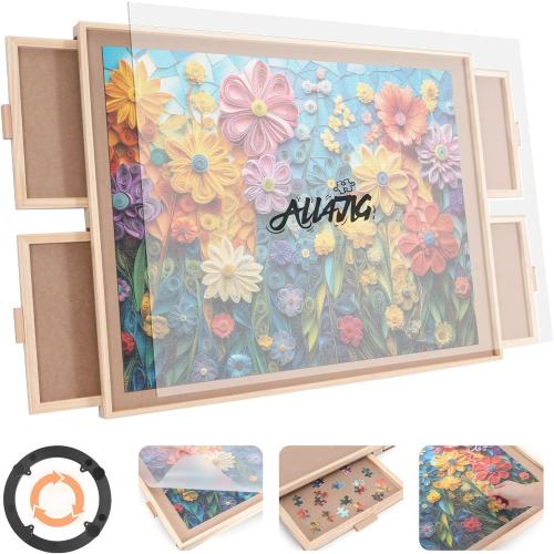 ALL4JIG 1500 Pieces Rotating Puzzle Board with 4 Drawers and Cover,25x34 Portable Wooden Jigsaw Puzzle Table for Adults,Lazy Susan Spinning Puzzle Boards Birthday Gift for mom