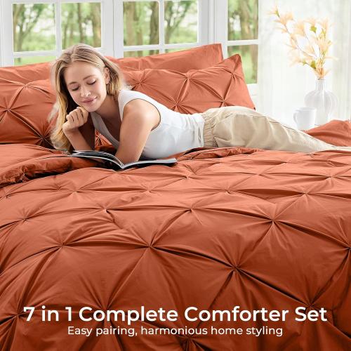 Sasttie King Size Comforter Set, 7-Piece Bed in a Bag, Pintuck Bedding Set for All Season, Includes Comforter, Flat Sheet, Fitted Sheet, Pillowcases and Pillowshams, Burnt Orange