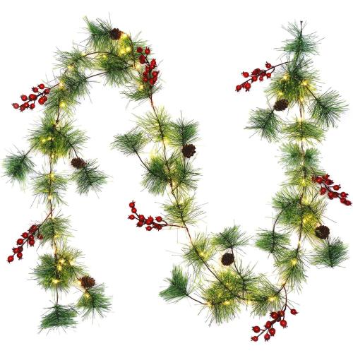 Christmas Garland with Lights, 6 FT Battery Operated Garland with 60 LED Lights, Timer, Lighted Garland with Berries Pine Cones for Mantle Stairs Railing Home Xmas Decoration Indoor