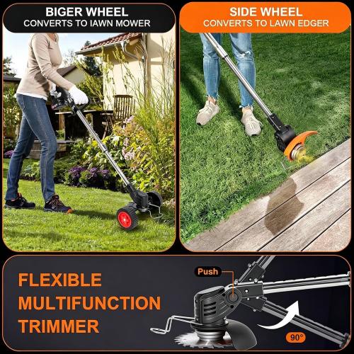 Electric Weed Wacker Cordless with Wheels,21V Battery Powered Weed Wacker 3-in-1 Grass Trimmer/Brush Cutter/Edger, 2pcs Batteries&4 Types Blades, Lightweight, Low Noise for Thick Weeds&Yard Garden