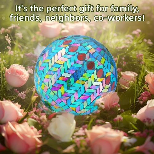 VOREEN Mosaic Gazing Ball, 10 Handmade Glass Reflective Garden Globe, Outdoor Yard Patio Lawn Decoration Sphere, Peacock Feather Design, Blue